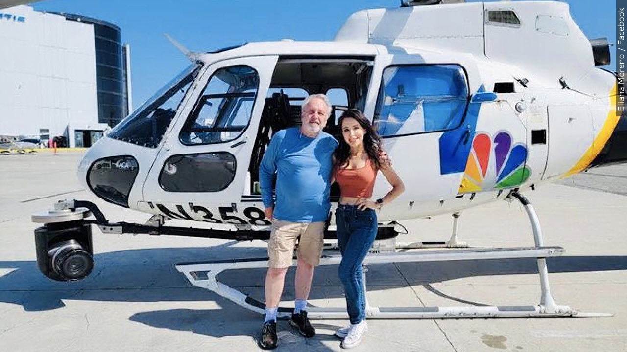 PHOTO: NBC4 Los Angeles reporter Eliana Moreno and experienced pilot George Marciniw standing in front of their news helicopter, Photo Date: 08/09/2023