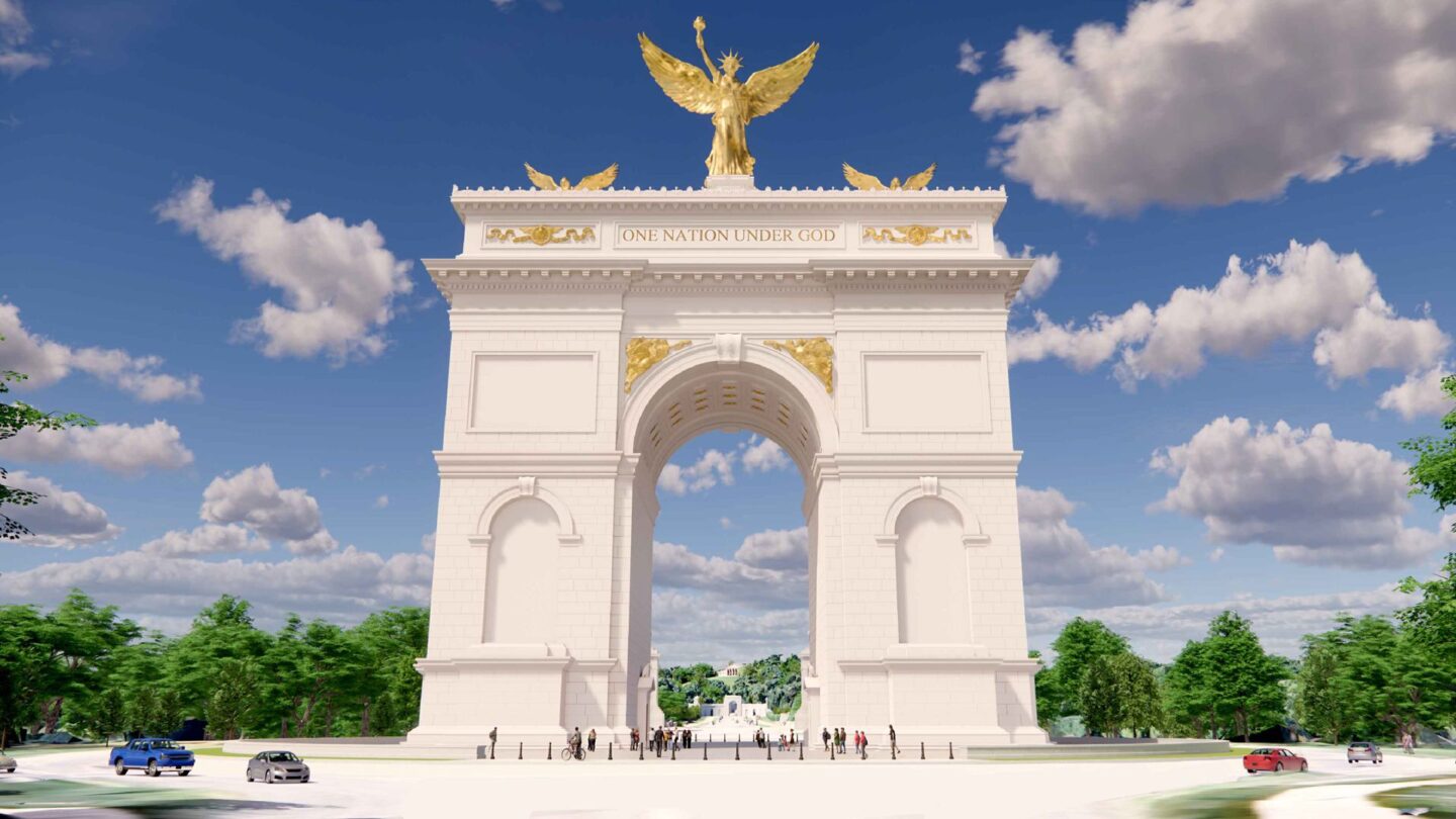 <i>US Commission of Fine Arts via CNN Newsource</i><br/>Rendering of proposed triumphal arch in a traffic circle in Washington
