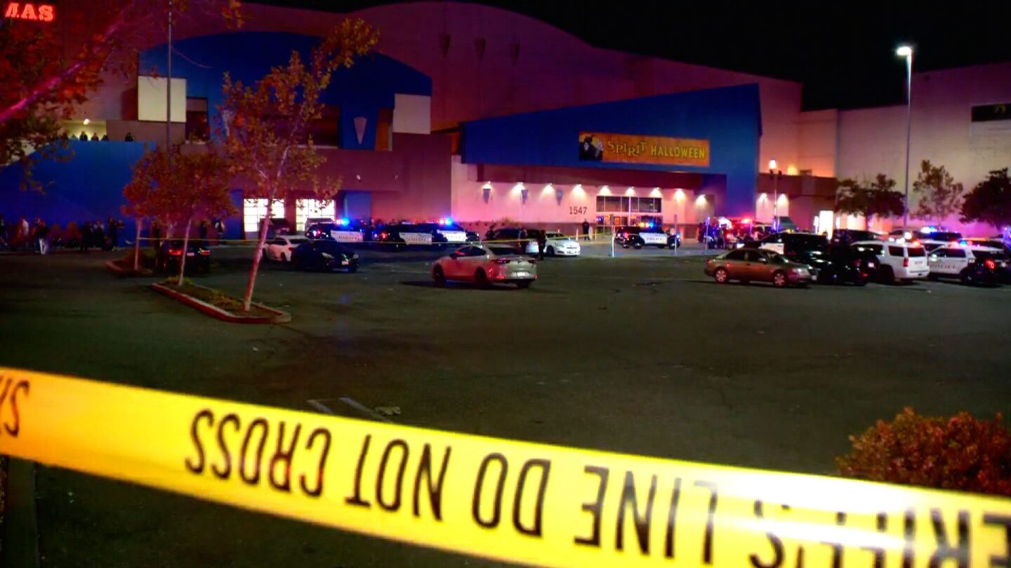 <i>KCRA via CNN Newsource</i><br/>Police respond to the scene of a shooting at a Spirit Halloween in Fairfield