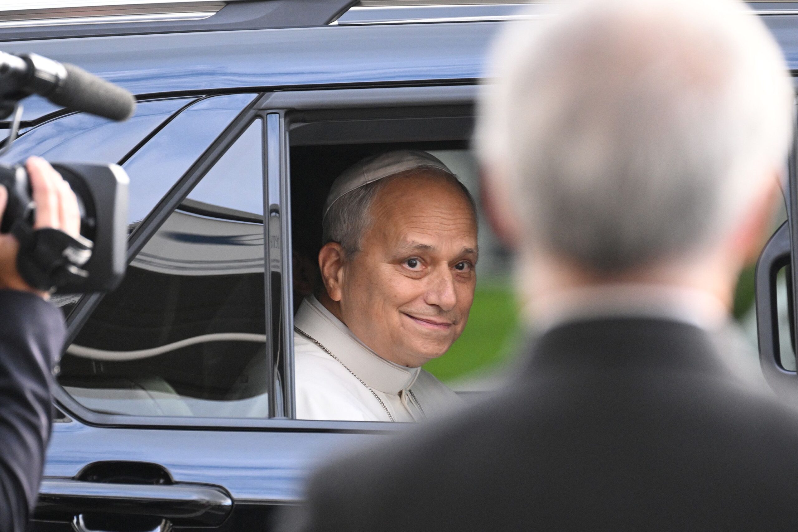 <i>Tiziana Fabi/AFP/Getty Images via CNN Newsource</i><br/>Pope Leo XIV leaves the Gemelli University Hospital