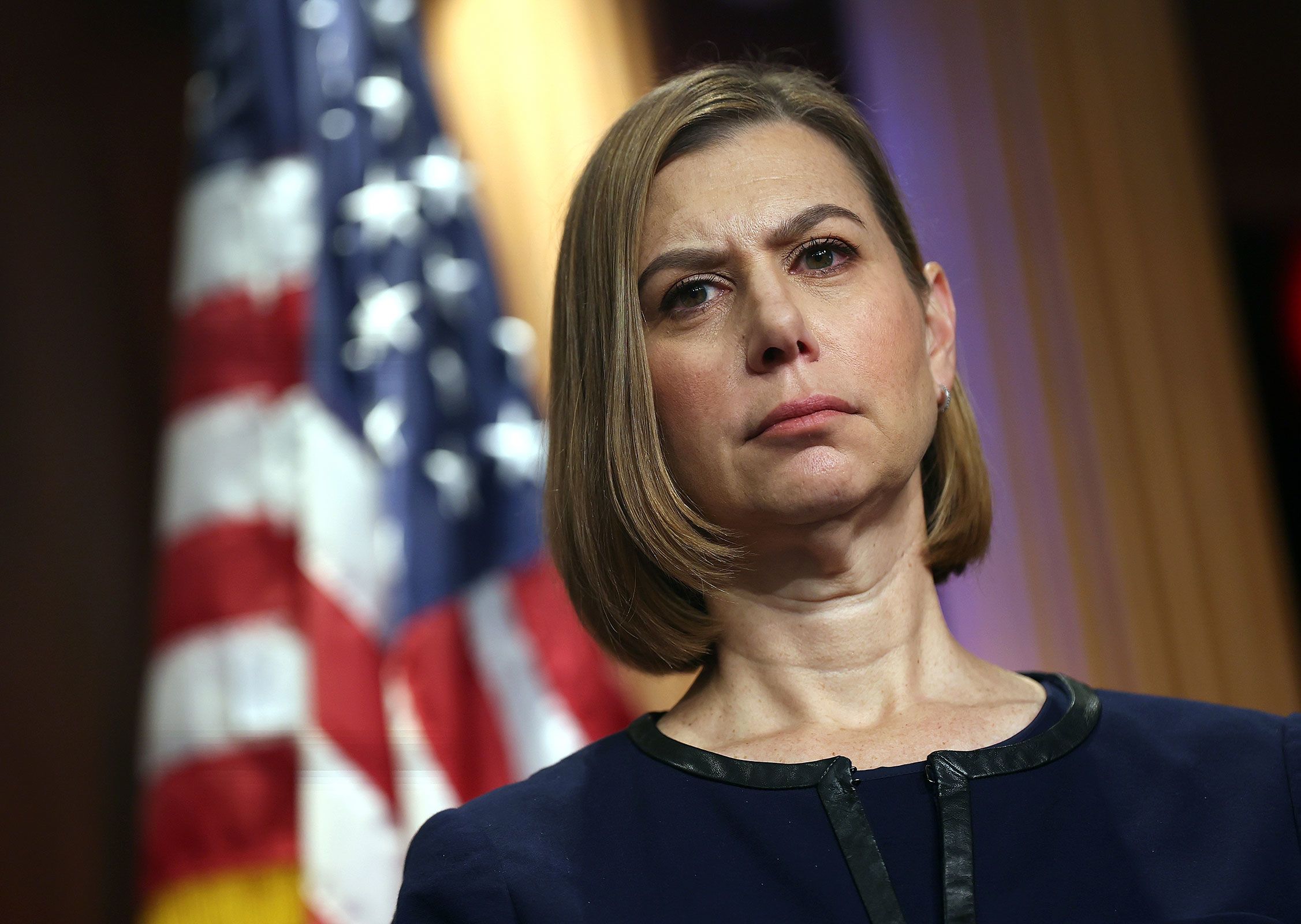 <i>Kevin Dietsch/Getty Images/File via CNN Newsource</i><br/>Sen. Elissa Slotkin attends a press conference at the US Capitol on September 23.