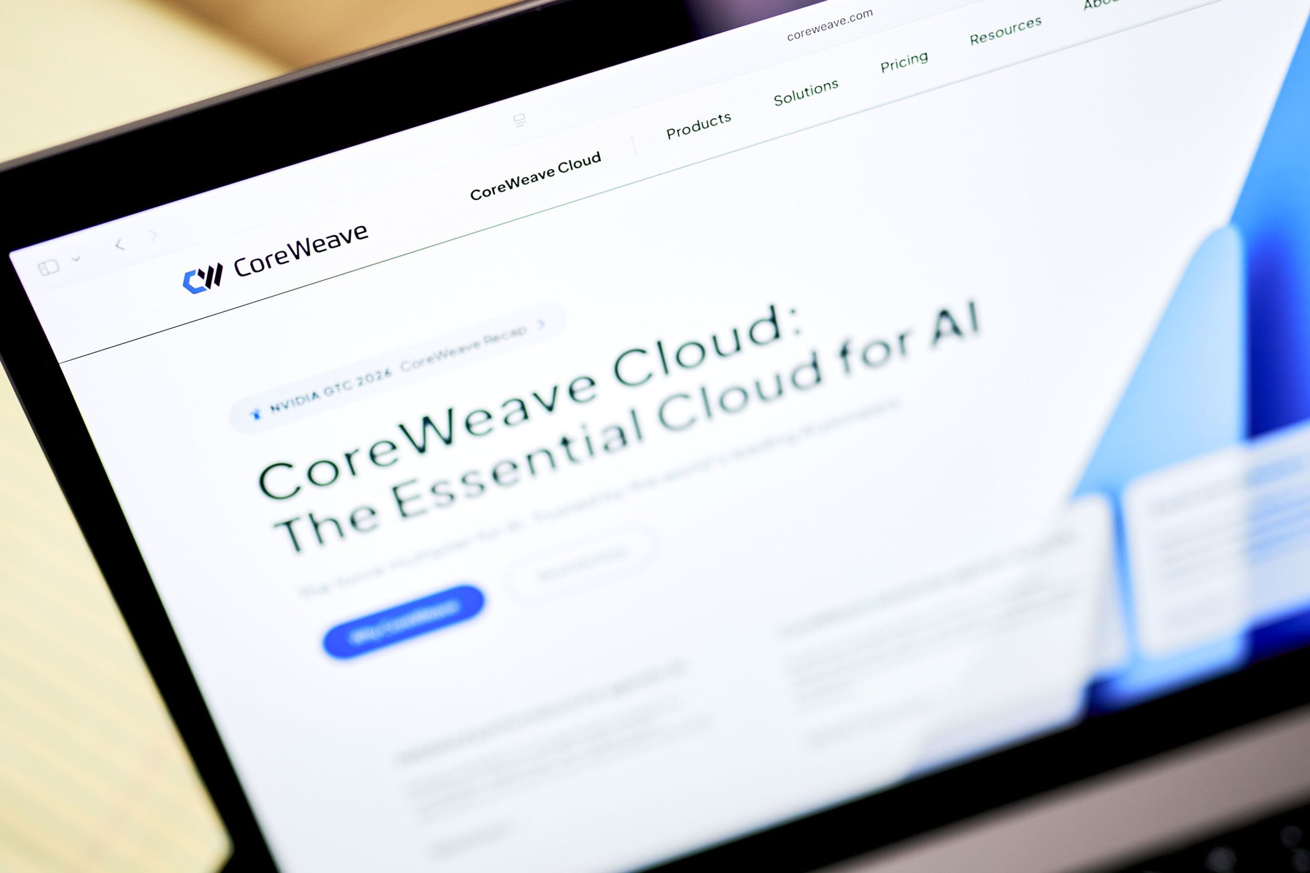 <i>Gabby Jones/Bloomberg/Getty Images via CNN Newsource</i><br/>The CoreWeave website arranged on a laptop in Forest Hills
