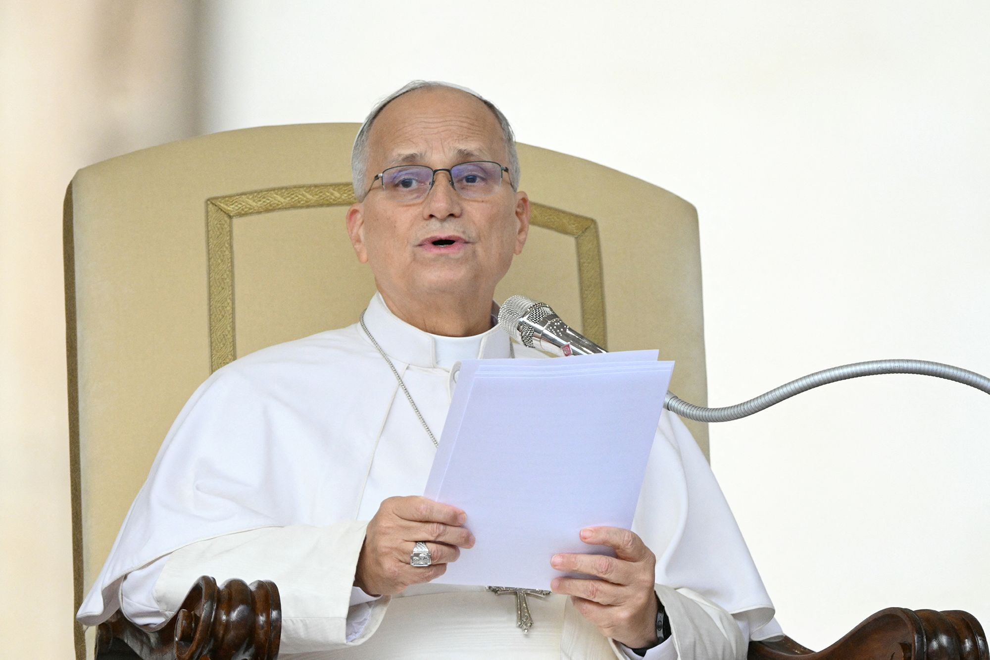 <i>Tiziana Fabi/AFP/Getty Images via CNN Newsource</i><br/>Pope Leo XIV addresses the crowd during the weekly general audience at St. Peter's Square in the Vatican on October 21.