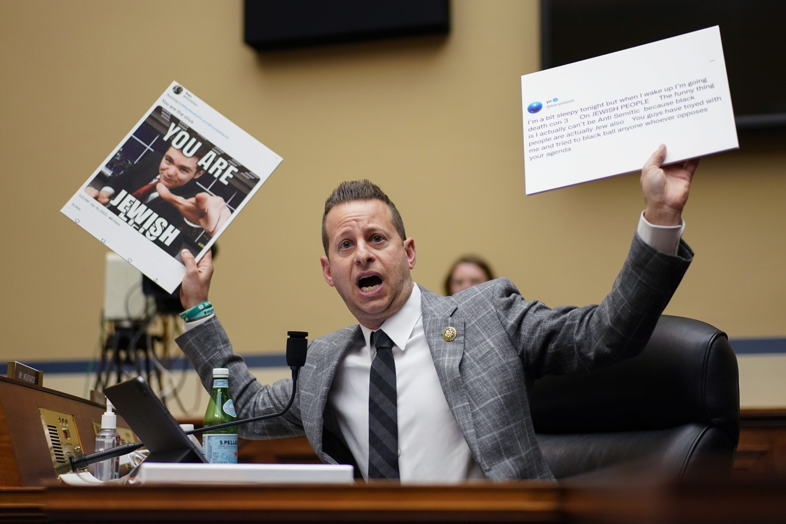 <i>Carolyn Kaster/AP via CNN Newsource</i><br/>Rep. Moskowitz holds up antisemitic tweets during a House Committee on Oversight and Accountability hearing on Capitol Hill in February 2023.